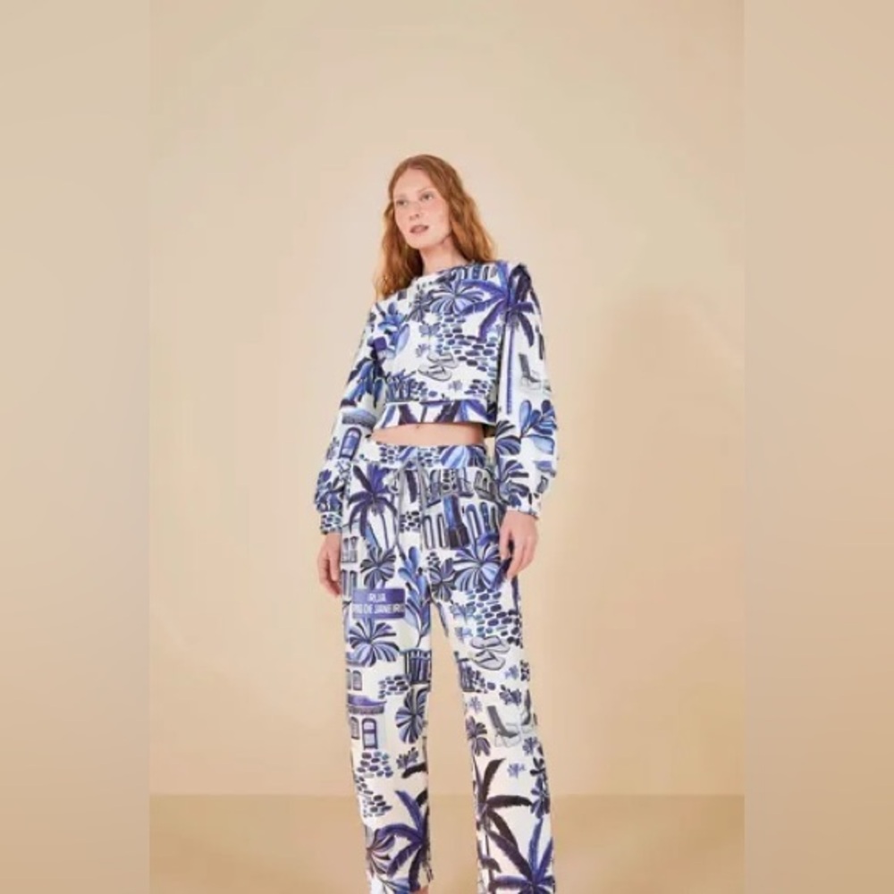 FARM Rio Blue and White Tropical Print Sweat Shirt and Pants Set sz M